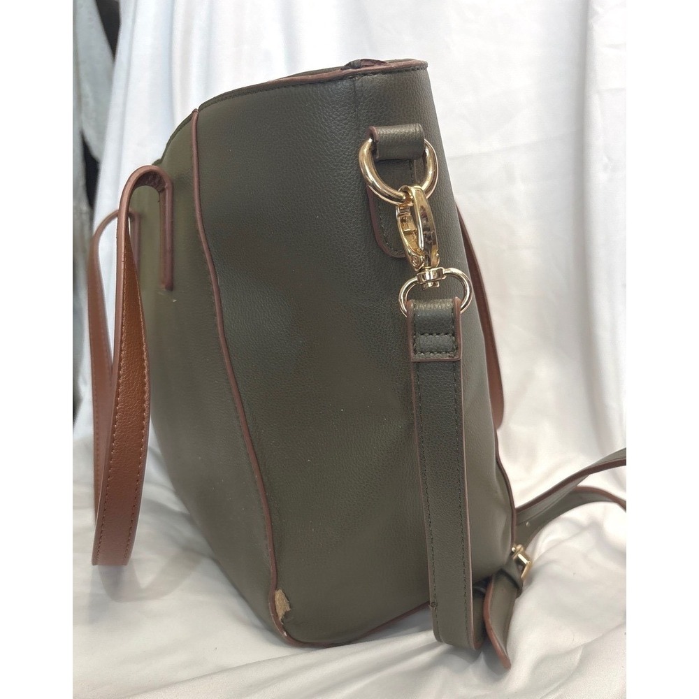 Dune London Olive Green Tan Colorblock Faux Leather Tote Crossbody Bag - Picture 3 of 8